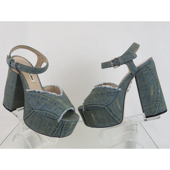 MIU MIU 5XP832 BLUE WASHED DENIM BUCKLE ANKLE STRAP SANDAL PLATFORM PUMPS 37 - Picture 5 of 14